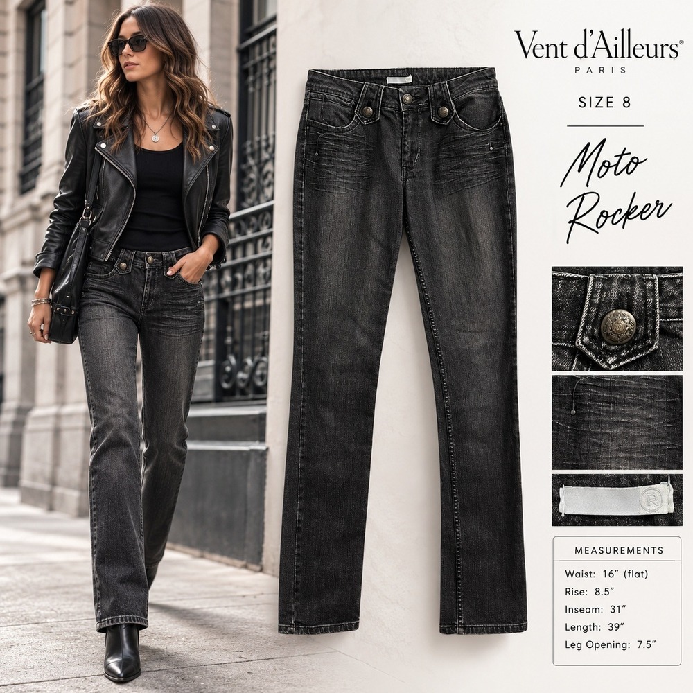 Vents d'Ailleurs Womans Black Wash‎ Stretch Jeans Button Waist Tabs US 8 Y2K